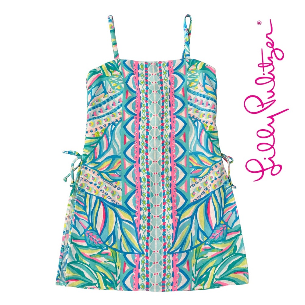 Lilly Pulitzer Sahar Tropical Print Dress/Romper in Blue, Pink, Green Size 00